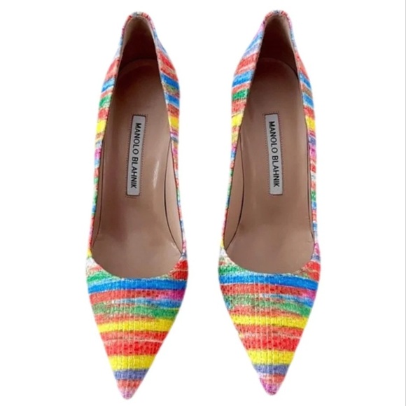 MANOLO BLAHNIK | BB Striped Colorful Rainbow Pointed Pumps Heels EU 37.5 - Picture 2 of 9
